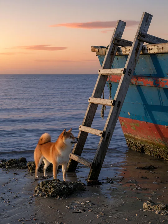 Shiba Inu standing beside a weathered ladder and colorful boat on a rocky shore at sunset