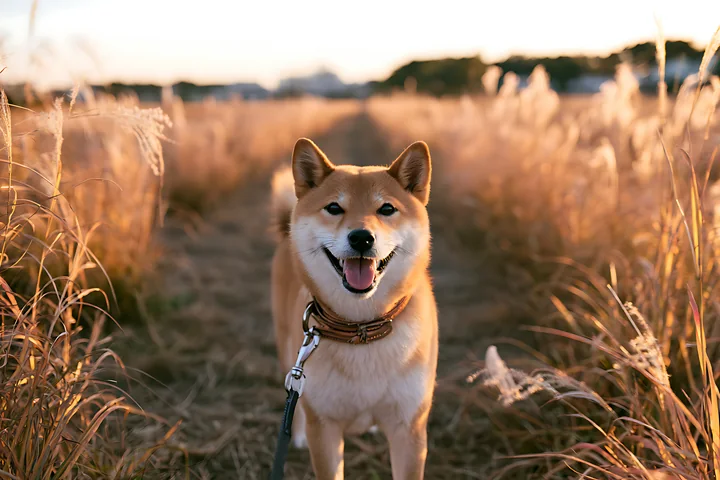Shiba Inu standing on a field path among tall grasses in warm golden hour light.