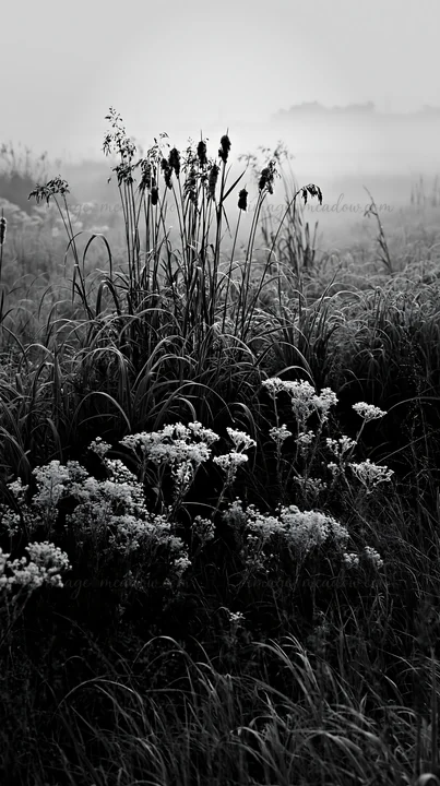 Reeds stand tall in the Shiga wetland meadow during the early morning. Frost covers the ground, and a light fog adds a soft focus to the landscape. Presented as
