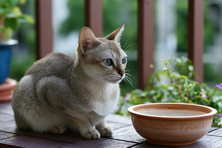 Short-haired cat sitting beside a water bowl on a plant-filled wooden patio.