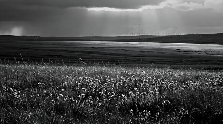 The scene shows a meadow filled with flowers covered in dew. A cloudy sky hangs over the landscape, with light breaking through the clouds onto the grass. This