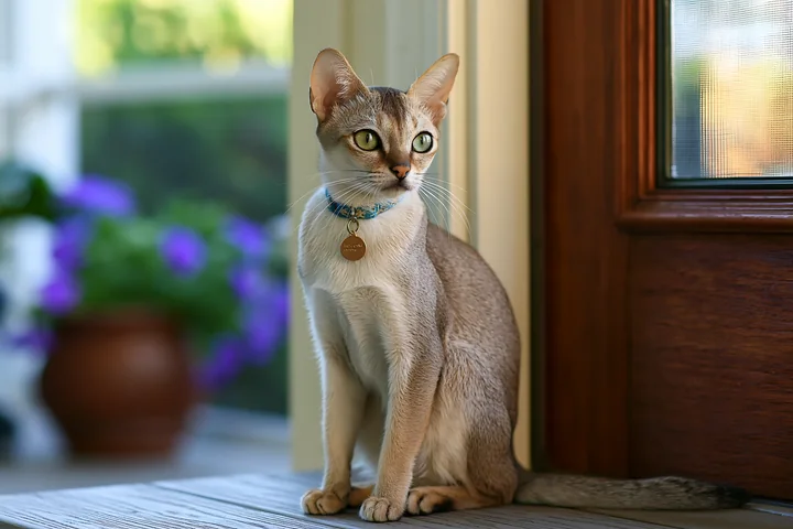 Singapura cat sitting indoors beside a wooden window with blurred purple flowers outside.