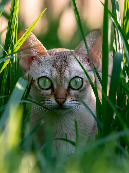 Singapura cat with large green eyes looks through tall grass in warm natural light.