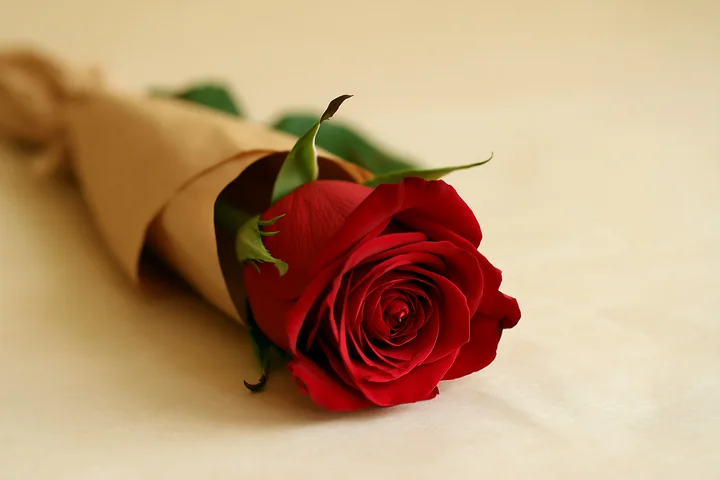 Single red rose wrapped in brown paper on a neutral beige surface with generous copy space.