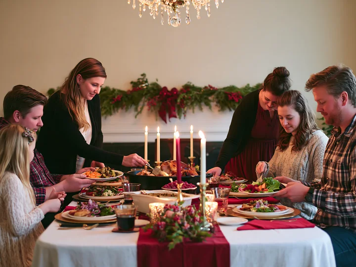 Six people share a festive holiday meal around a candlelit dining table with roasted food and vegetables.