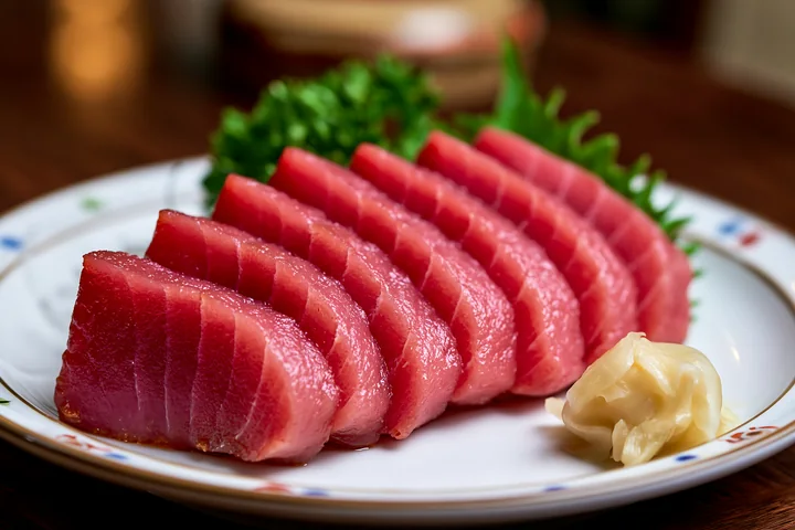Slices of fresh tuna are arranged on a plate with green garnish and pickled ginger.