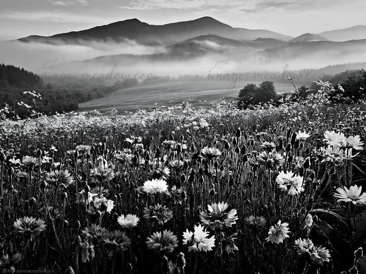A meadow filled with wildflowers stretches across the Carpathian valley. Fog lingers over the landscape in the early morning hours, creating a soft atmosphere.