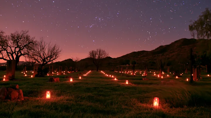 Small candles light up military graves under a clear night sky filled with stars.