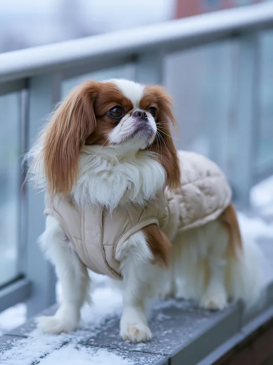Small long-haired dog wearing a winter coat stands on a snowy windowsill beside a glass window.