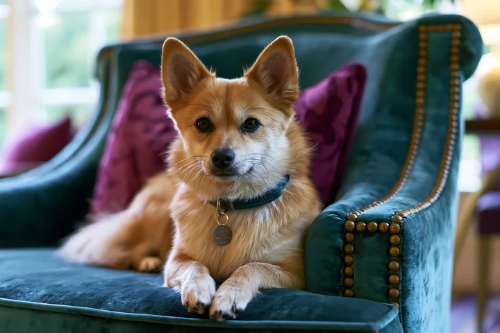 Small tan and white dog resting on a teal upholstered armchair indoors.