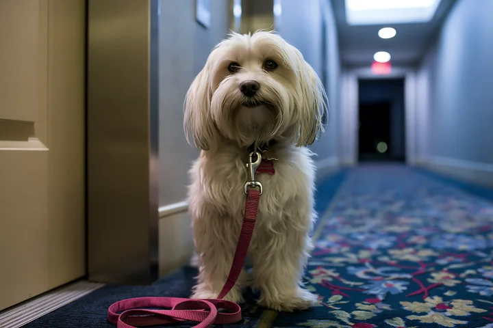 Small white long-haired dog wearing a leash sits on patterned carpet in a hotel hallway.