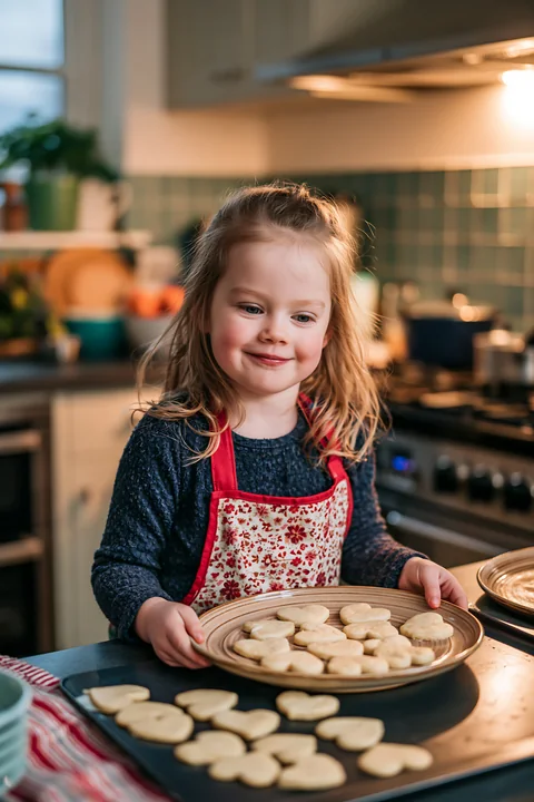 Smiling child in a floral apron holds a tray of heart-shaped cookies in a warmly lit kitchen.