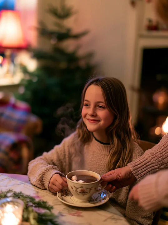 Smiling child sits at a table beside a Christmas tree as an adult presents cocoa topped with marshmallows.