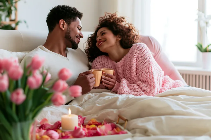 Smiling couple shares coffee in bed beside pink tulips, rose petals, and a candle in a bright bedroom.
