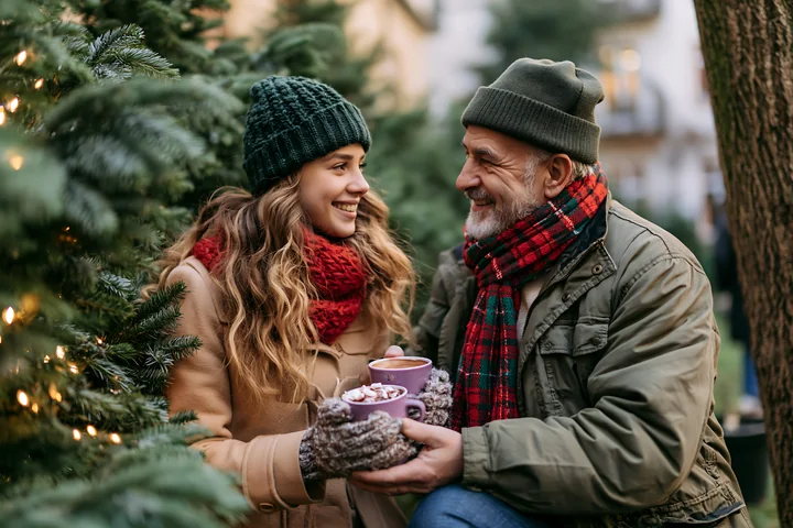 Smiling couple sharing cocoa beside a decorated evergreen tree in winter