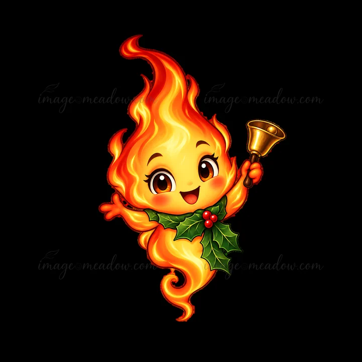 A cute cartoon flame character smiles while holding a bell in one hand and holly leaves in the other. The character is bright orange and yellow with waving arms. This design fits perfectly in a Christmas theme.