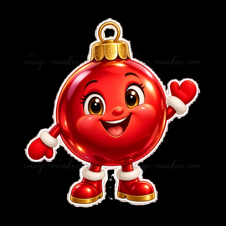 A cartoon illustration shows a smiling red ornament with eyes and hands. It has a shiny surface, a gold top, and white fur accents on its gloves and boots. The ornament waves cheerfully.