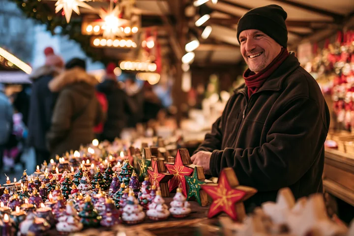 Smiling vendor stands behind a warmly lit Christmas market stall displaying handmade ornaments.