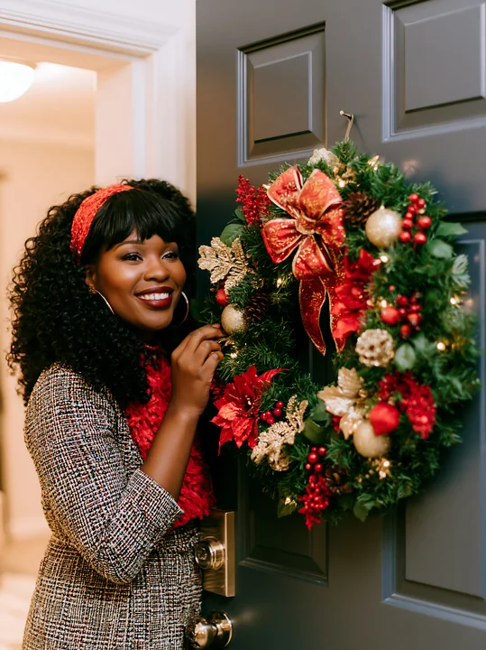Smiling woman decorates a red and gold Christmas wreath on a dark apartment door.