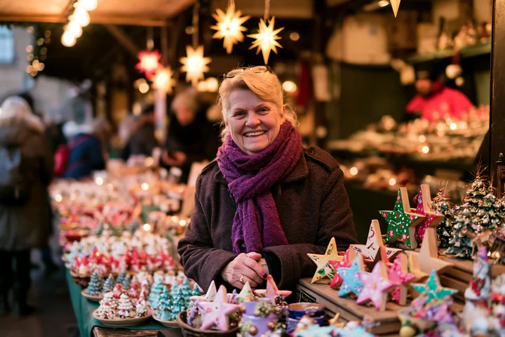 Smiling woman stands among handmade star ornaments and miniature trees at a warmly lit Christmas market stall.