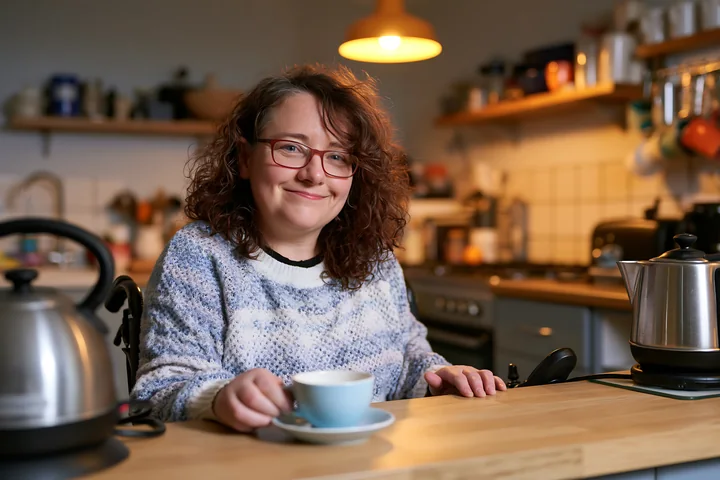 Smiling woman wearing glasses sits at a kitchen counter with coffee in a warmly lit home kitchen.