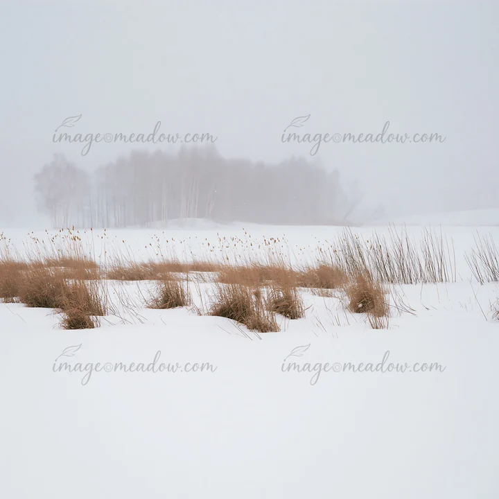 A snowbound meadow features patches of tall grasses gently rising through deep snow. The scene shows a muted winter landscape with sparse trees in the backgroun