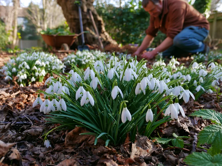 Snowdrop flowers beneath trees are blooming in a garden as a person tends to the soil nearby.