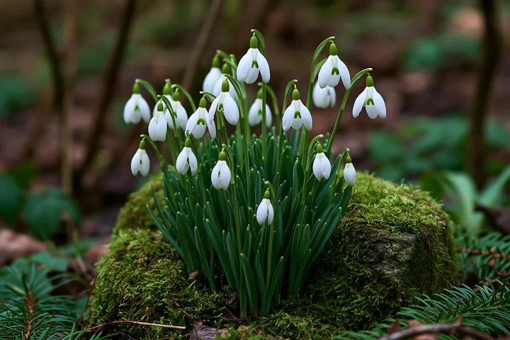 Snowdrop flowers beneath trees show clusters of delicate white blooms emerging from green grass within a forest.