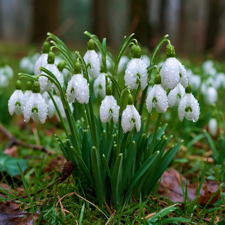 Snowdrop flowers bloom in a green forest with trees in the background.