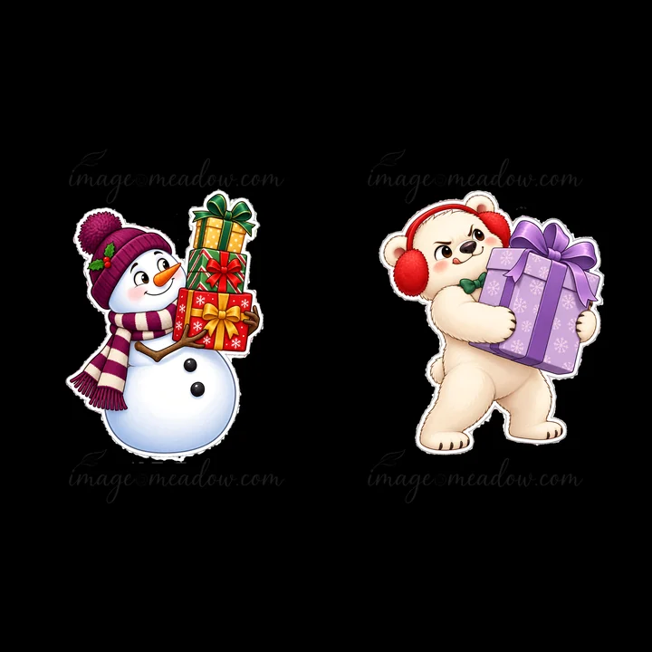 A snowman with a scarf and a festive hat holds a stack of colorful Christmas gifts. A bear with red earmuffs carries a purple gift. Both characters are joyful a