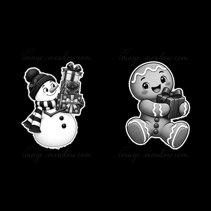 A snowman with a striped scarf holds a stack of Christmas presents. Next to it, a gingerbread character smiles while holding a gift. The scene captures the joyf