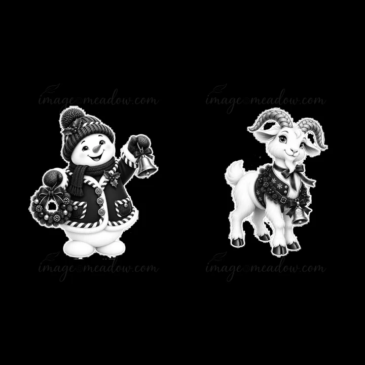 A snowman holds bells and a wreath in one hand while wearing a winter hat and coat. Next to him, a goat also carries a bell and displays a playful expression. B
