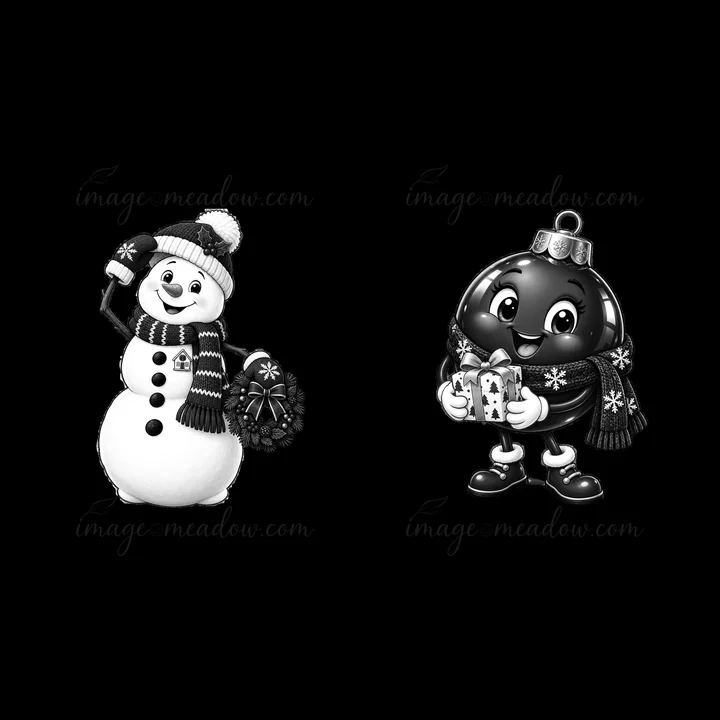 A snowman holds a wreath and a snowflake while a smiling ornament holds a gift. Both characters wear scarves and are designed for a Christmas theme. They repres