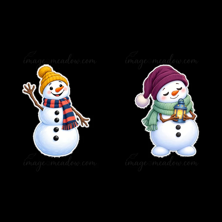 Two cartoon snowmen stand side by side. One has a yellow hat and red scarf, waving with a happy expression. The other wears a purple hat and green scarf, holdin