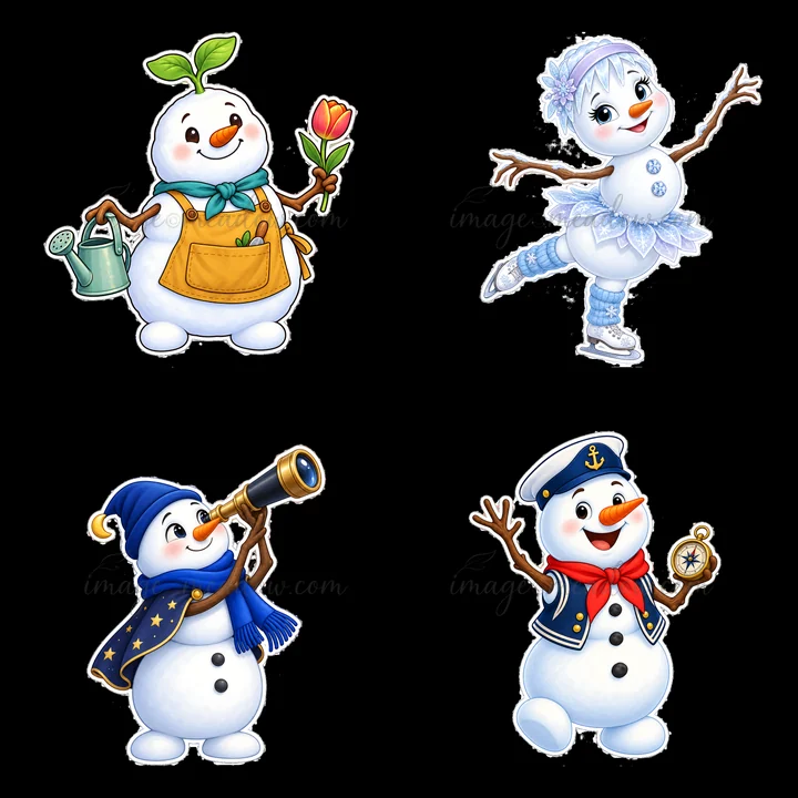 Four cartoon snowman characters display fun winter activities. One snowman waters a plant, another skates, a third looks through a telescope, and the last wears