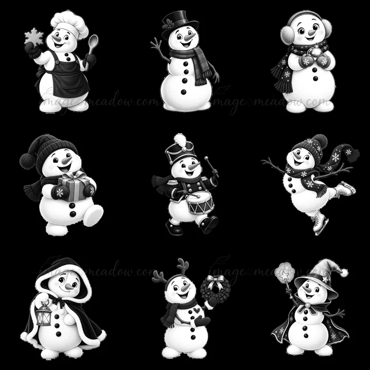 Nine cartoon snowman characters are shown in a 3x3 layout. Each snowman engages in different Christmas activities, wearing festive accessories like hats and sca