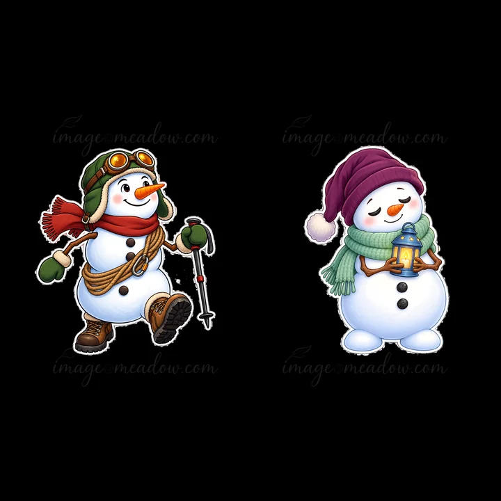 Two cheerful snowmen are dressed for winter fun. The left snowman wears goggles, a scarf, and carries a walking stick. The right snowman holds a lantern and has
