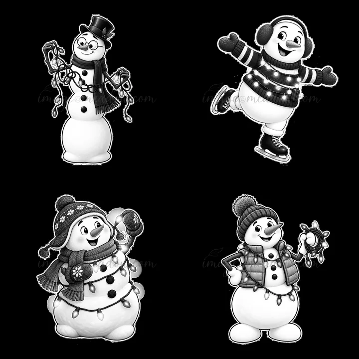 Four cartoon snowmen interact with string lights. One snowman holds lights, another skates, a third is cheerful with lights, and one displays a playful gesture.