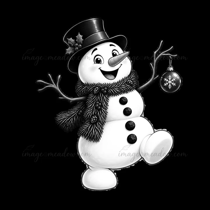 A snowman wears a top hat and a scarf while holding a Christmas ornament in one hand. It has a big smile and stands with its arms raised in celebration, capturi