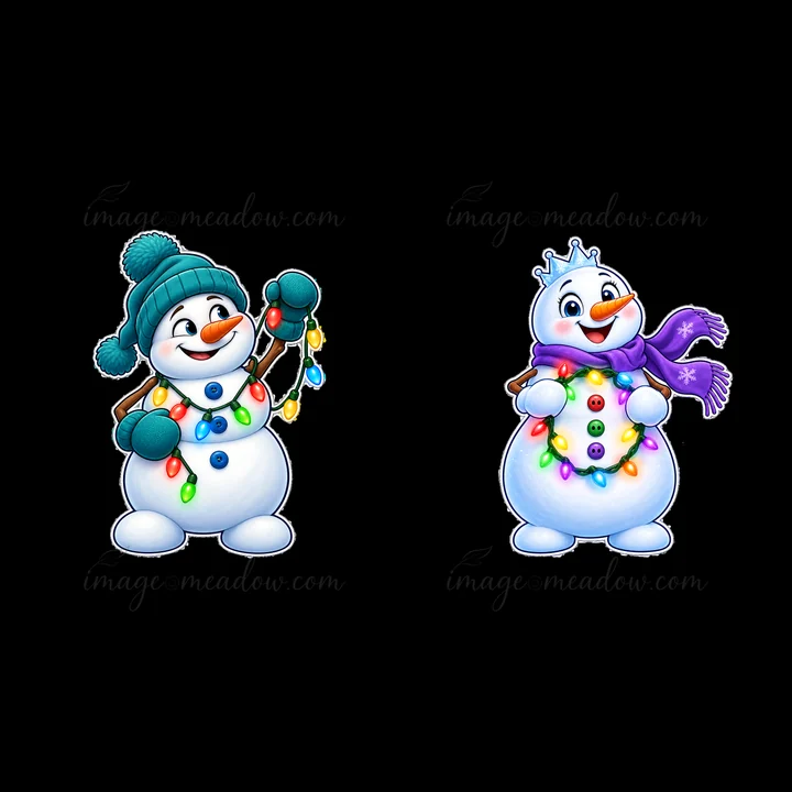 A snowman in a blue hat holds colorful string lights. Next to it, another snowman wears a crown and has a garland of lights around its body. They stand playfull