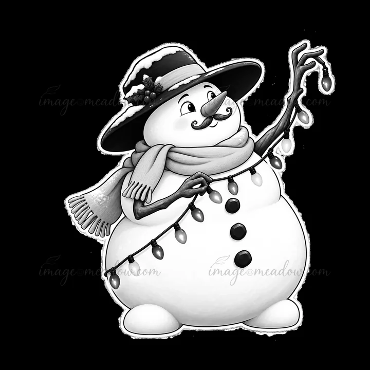 A snowman stands with a string of lights in one hand. He wears a large hat with decorations and a scarf. His body is round, and he has buttons down the front. T