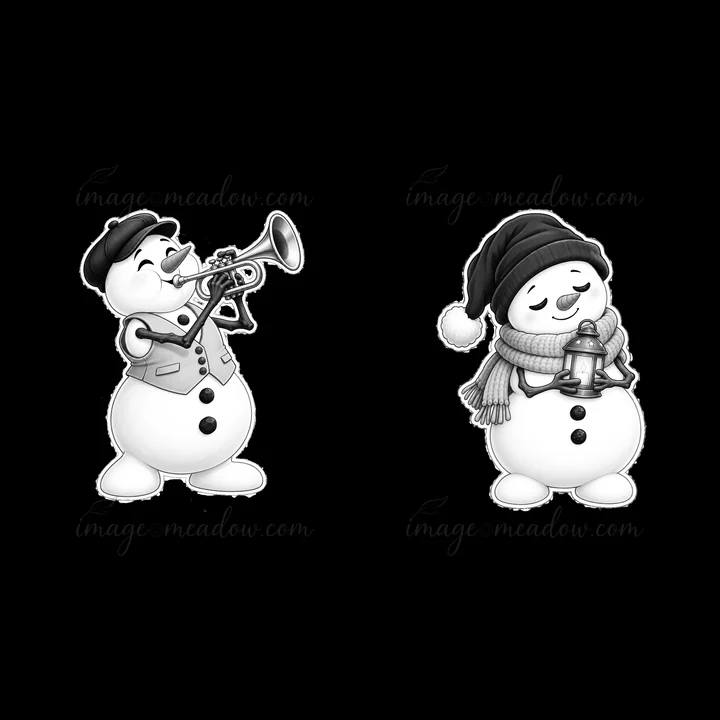 A snowman in a hat plays a trumpet, while another snowman in a hat holds a lantern. This illustration captures a playful winter scene depicting snowmen engaging
