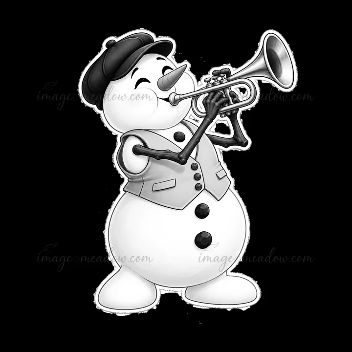 A snowman stands upright, joyfully playing a trumpet. It wears a hat and a vest, exuding a festive spirit. The scene captures the essence of winter fun and musi