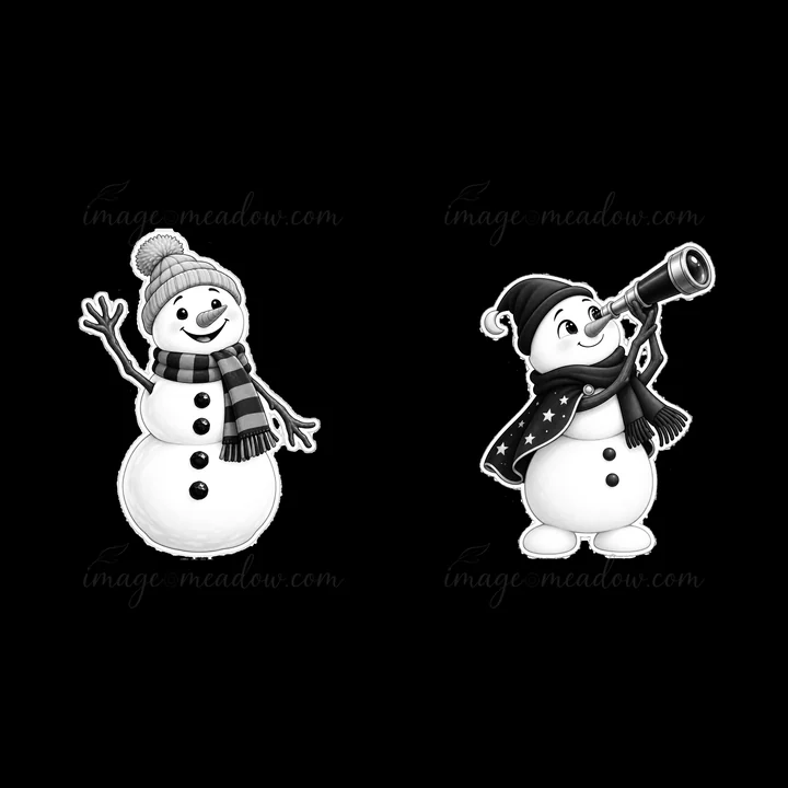 Two snowman characters stand together in a winter setting. One snowman waves cheerfully while the other looks through a telescope. They wear scarves and hats, a