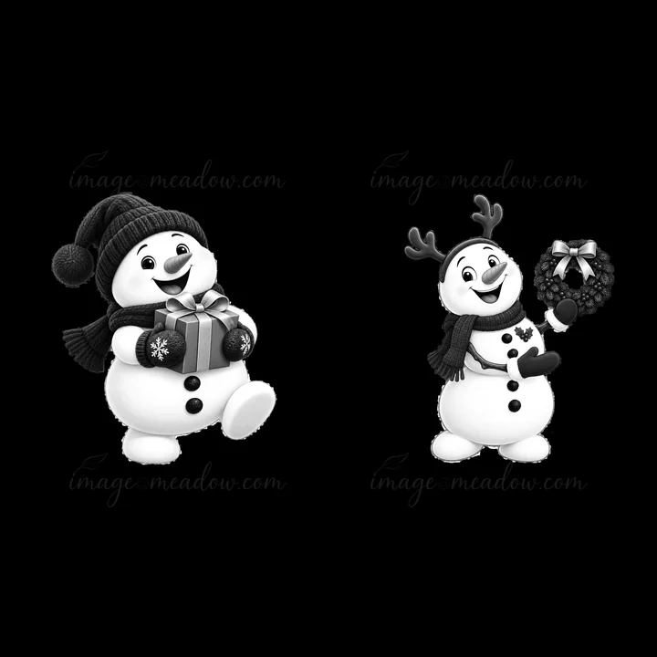 Two snowmen are featured in a cartoon style. One snowman holds a gift while the other holds a wreath. They are both ready for Christmas and dressed warmly, show