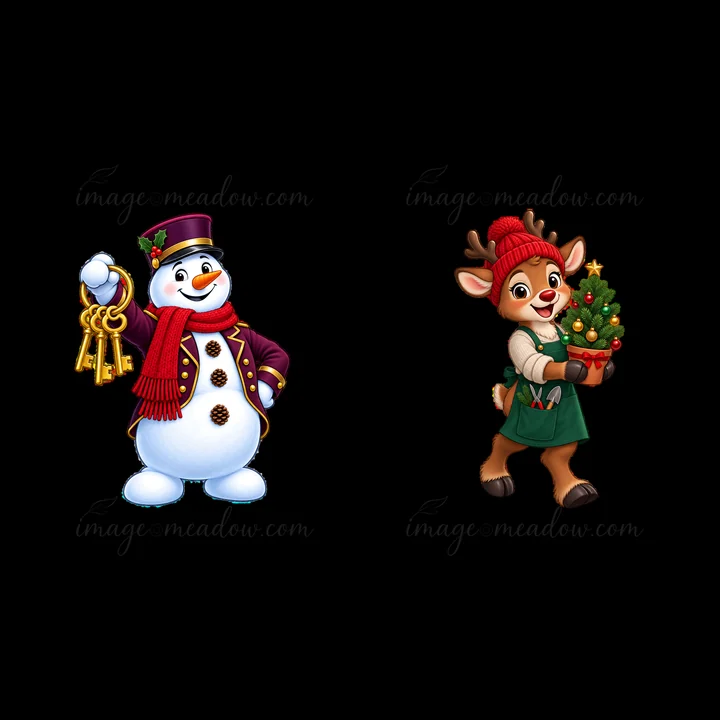 A snowman in a top hat holds keys in one hand while a reindeer in a green outfit carries a small Christmas tree. Both characters have festive accessories and ch