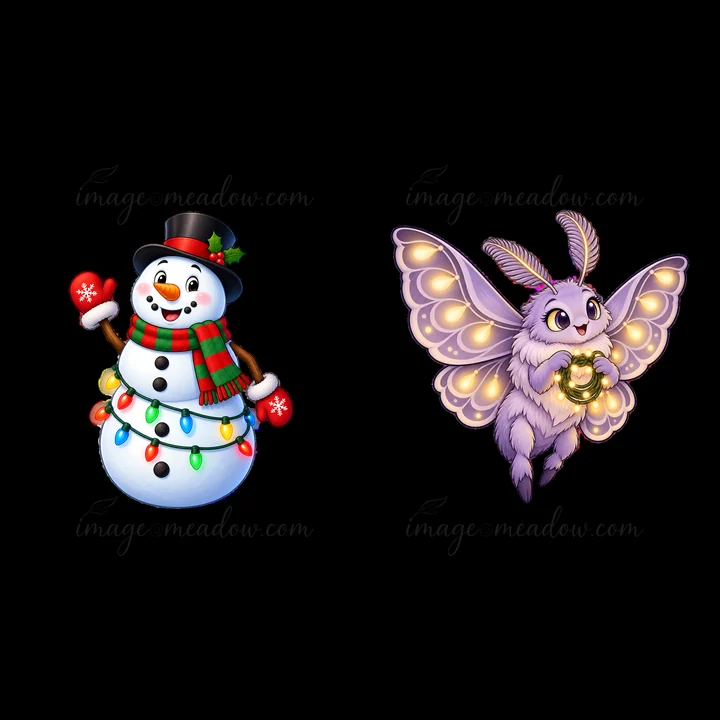 A snowman dressed with a colorful scarf and mittens holds festive bells. Next to it, a purple moth with large, lit wings carries a small lantern. Both character