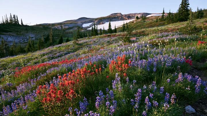 The snowmelt meadow features a variety of wildflowers, including red and blue blooms, set against a mountainous background. It captures the essence of springtim