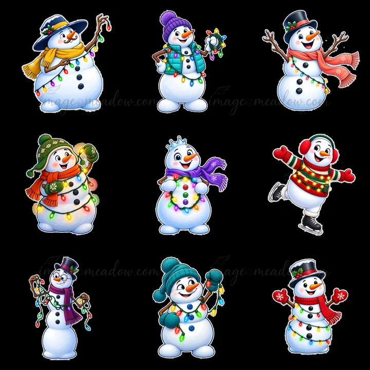 Nine cartoon snowmen are displayed in a 3x3 grid. Each snowman wears different accessories like hats, scarves, and mittens and holds colorful string lights. The