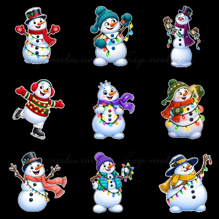 Nine snowmen are placed in a 3x3 grid. Each snowman wears different hats and scarves while holding colorful string lights. They are engaged in festive activitie